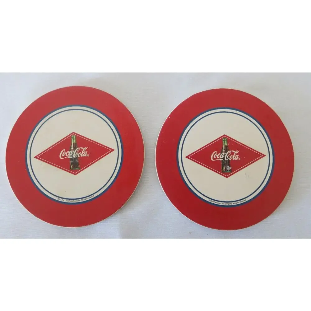 Vintage COCA COLA COKE Coasters in Wood Holder Stone Cork Set of 4 Soda Drinks